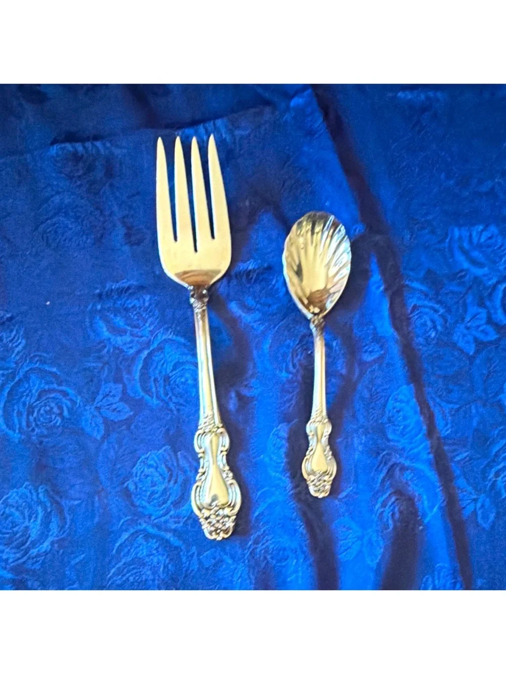 Reed & Barton Silver Plated Salad Fork & Spoon Set, Floral Handle, Glossy